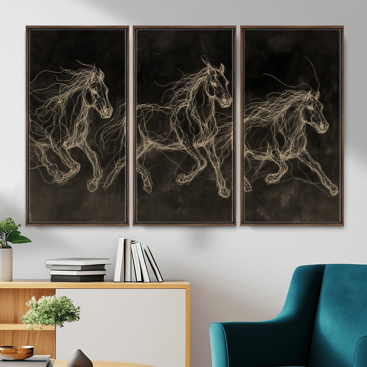 15344242-MGV-CV-36X24 - Dark Horse Line Art Canvas, Gold Scribble Wild Horses Print, Black Chalkboard Wall Art, Modern Luxury Equine Decor, Masculine Office Gift