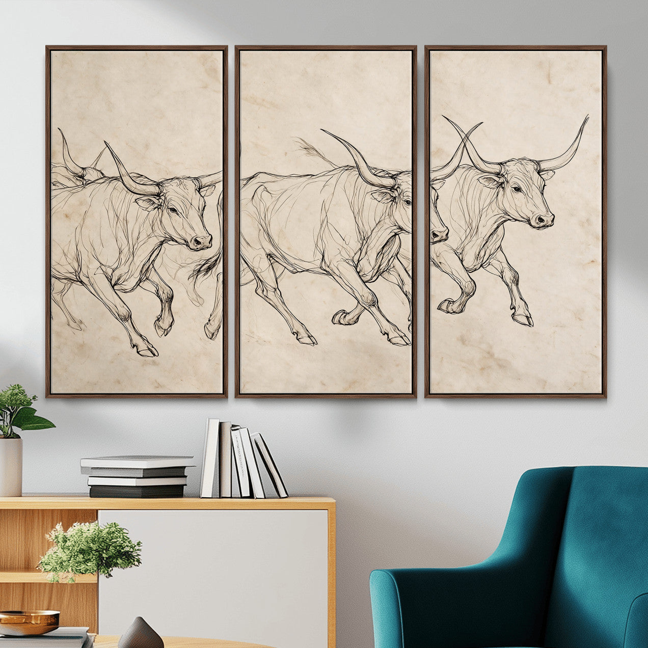 87177621-MGV-CV-36X24 - Minimalist Longhorn Line Art, Modern Texas Bull Canvas Print, Abstract Western Wall Decor, Continuous Line Artwork, Black White Ranch Gift