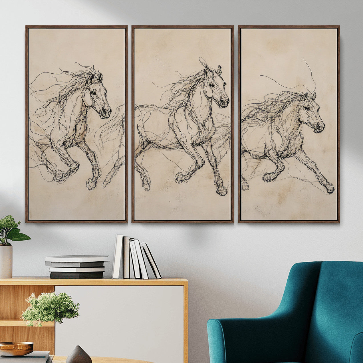 81051673-MGV-CV-36X24 - Abstract Horse Line Art Canvas, Gesture Sketch Wild Horses Print, Modern Scribble Artwork, Minimalist Equine Wall Decor, Rustic Studio Gift