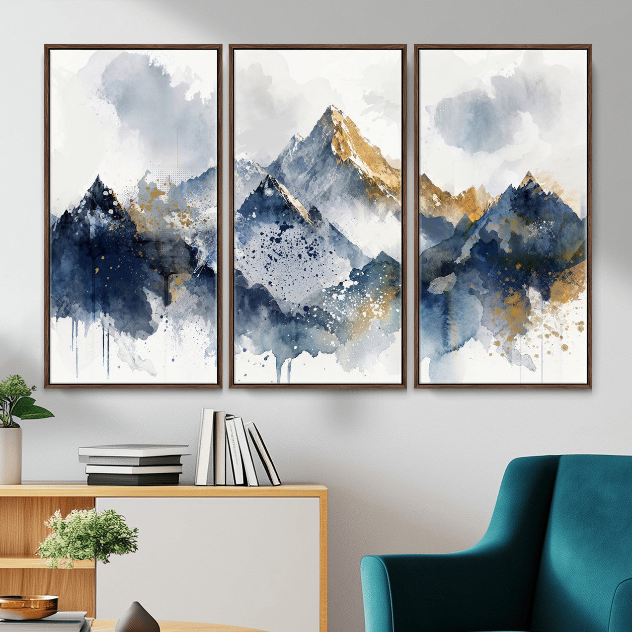87460616-MGV-CV-36X24 - Abstract Mountain Canvas Wall Art, Blue Gold Foil Landscape Print, Modern Indigo Watercolor Poster, Large Abstract Nature, Luxury Office Gift