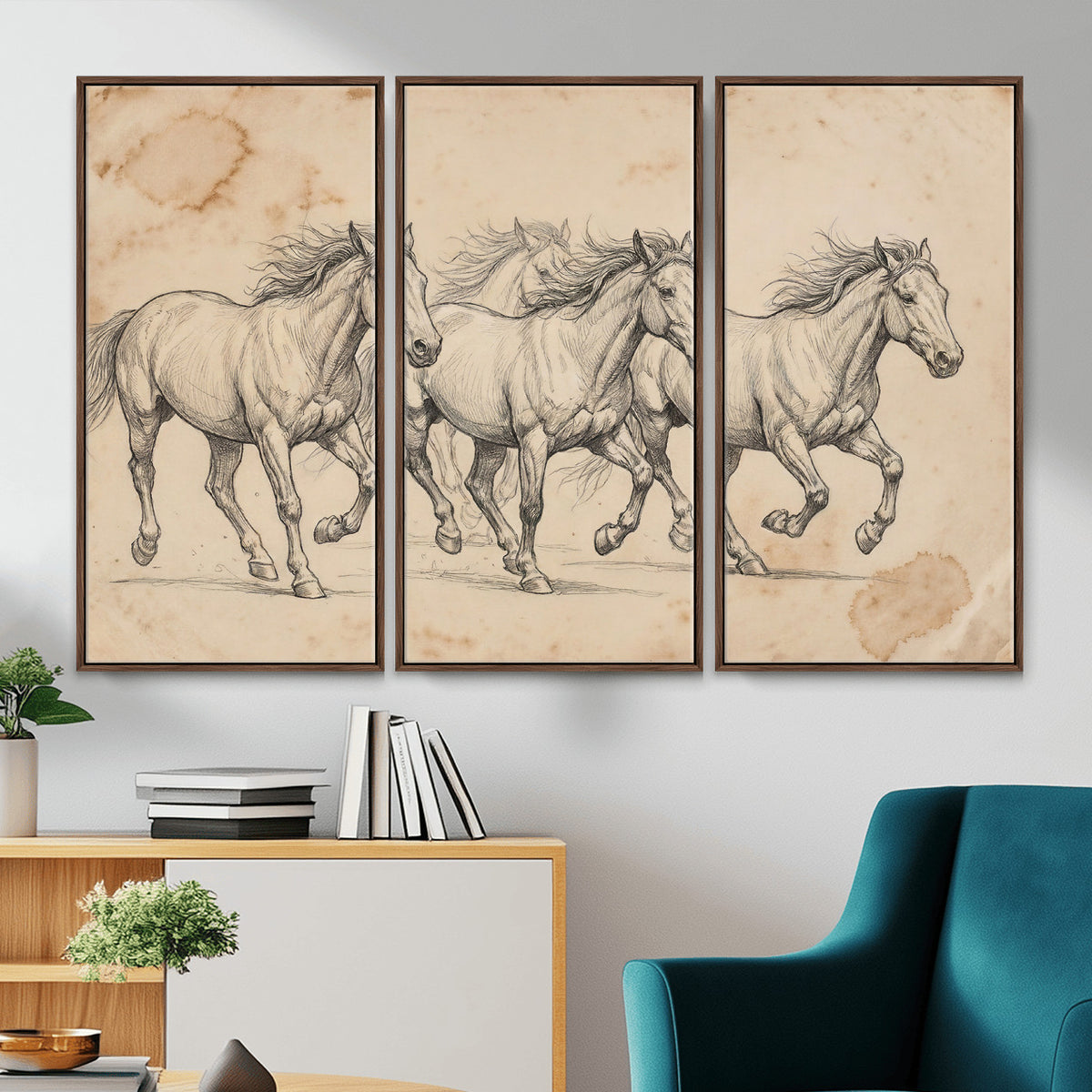 16644391-MGV-CV-36X24 - Vintage Horse Sketch Canvas Wall Art, Wild Horses Pencil Drawing Print, Antique Parchment Western Decor, Equine Sketching, Country Manor Gift