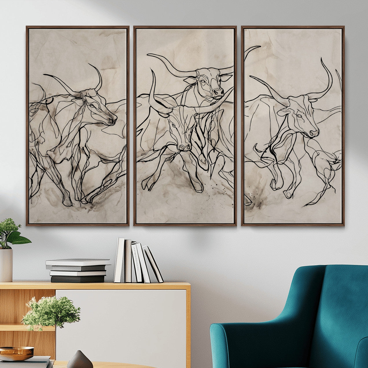 16671245-MGV-CV-36X24 - Minimalist Longhorn Line Art, Modern Texas Bull Canvas Print, Abstract Western Wall Decor, Continuous Line Artwork, Black White Ranch Gift
