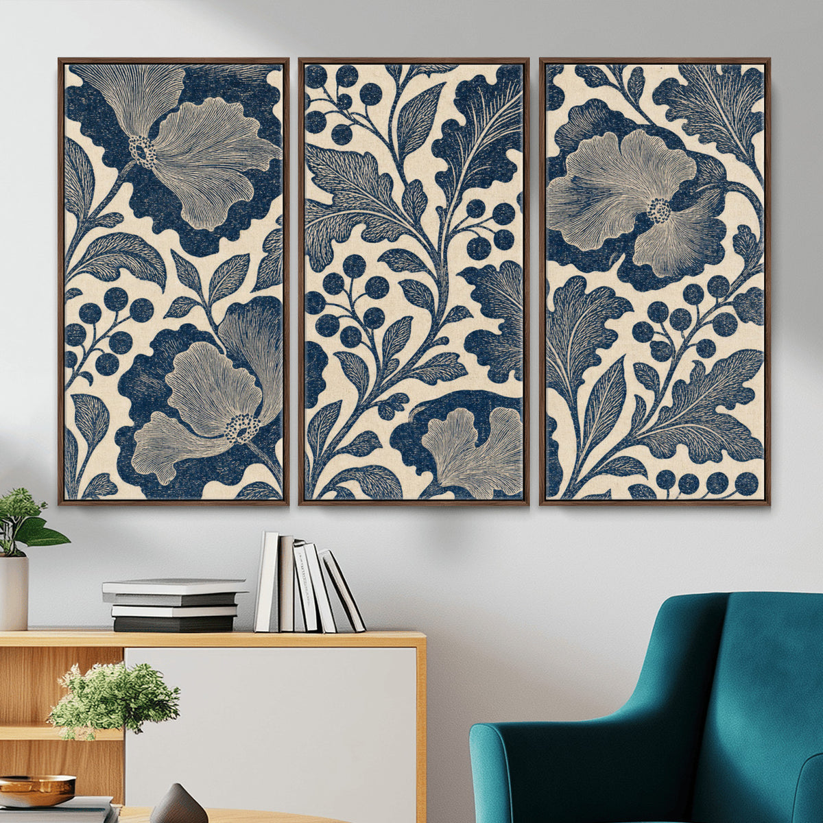 23824002-MGV-CV-36X24 - William Morris Style Navy Blue Floral Wall Art Canvas Print, Vintage Cream Botanical Painting Print