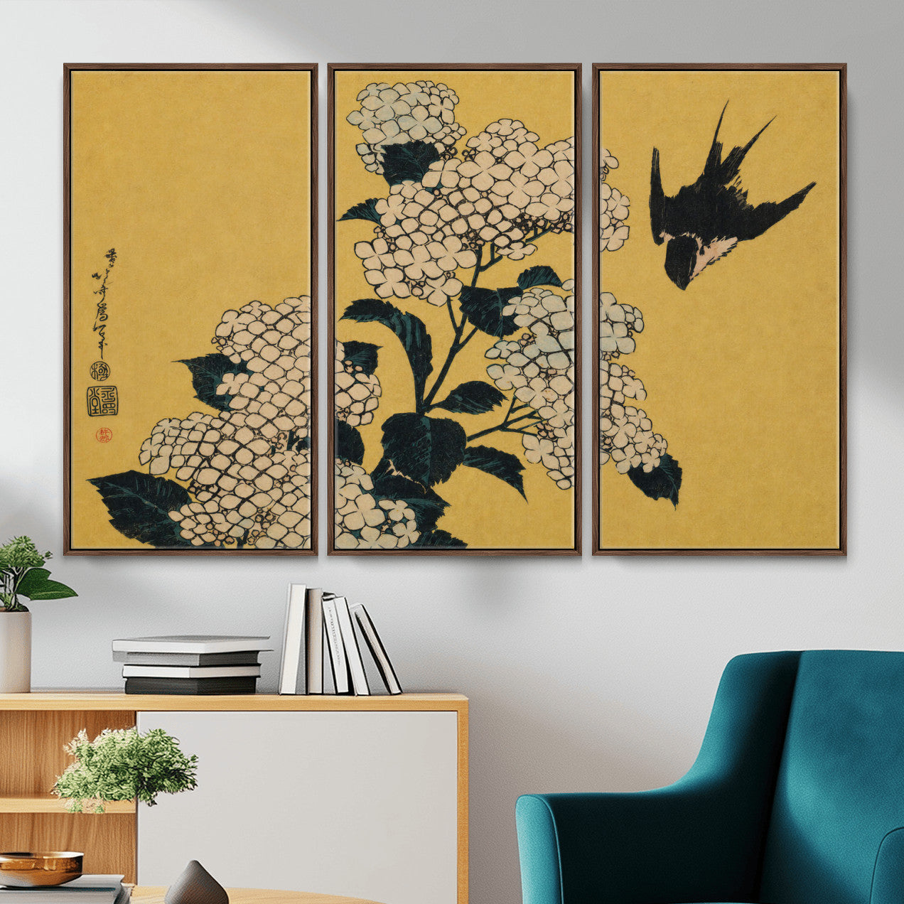 92483501-MGV-CV-36X24 - Katsushika Hokusai Hydrangea and Swallow Wall Art Canvas Print, Japanese Woodblock Painting Print