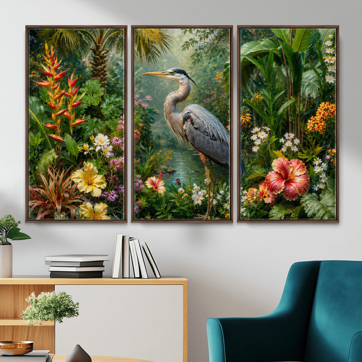 81059387-MGV-CV-36X24 - Great Blue Heron Tropical Jungle Wall Art Canvas Print, Exotic Botanical Garden Painting Print