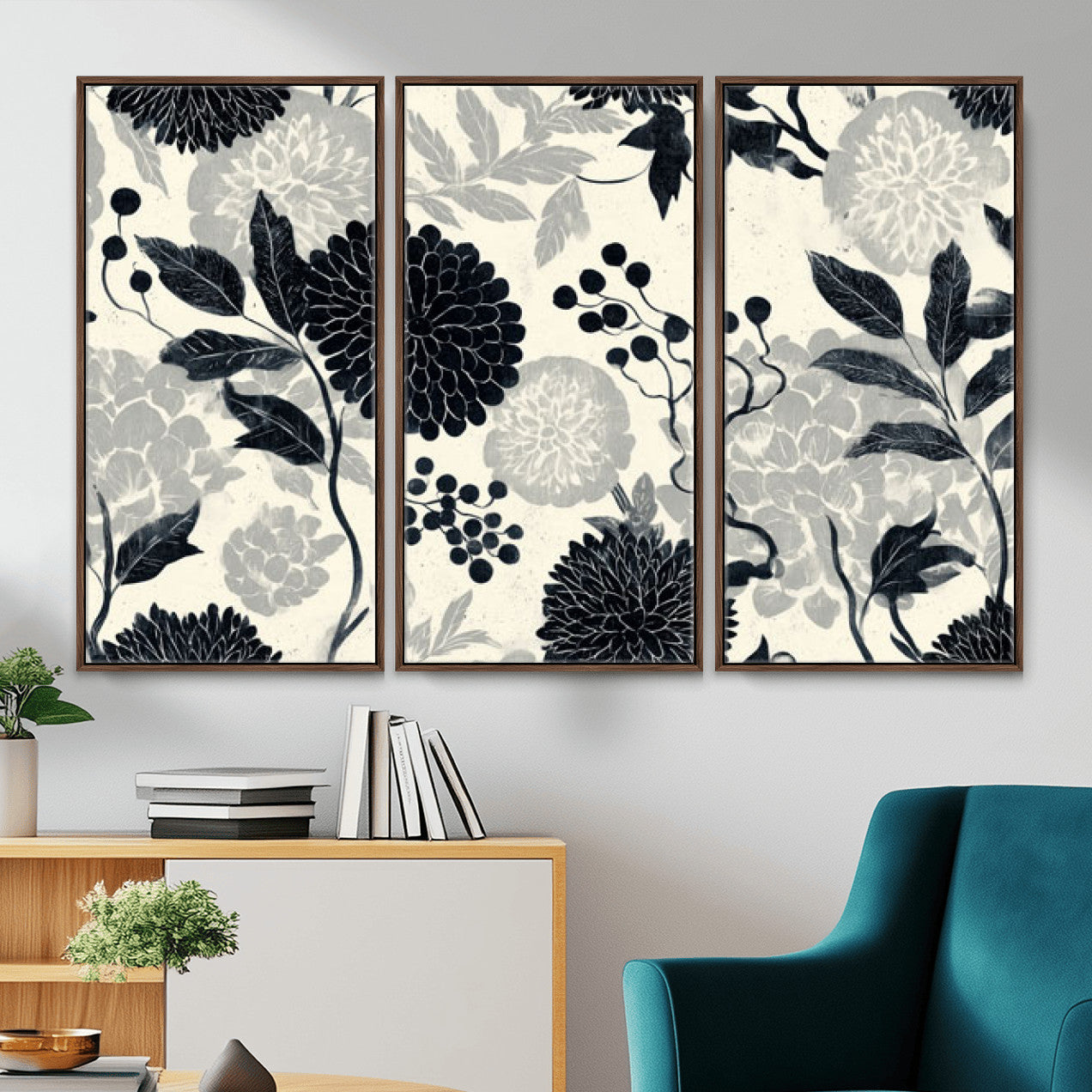 61524791-MGV-CV-36X24 - Vintage Black Chrysanthemum Wall Art Canvas Print, Monochrome Dhalia Floral Painting Print