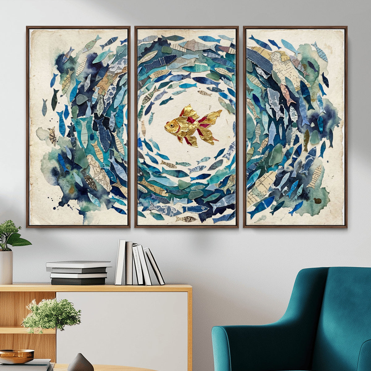73165663-MGV-CV-36X24 - Mixed Media Blue Fish Swirl Canvas Wall Art, Goldfish Collage Ocean Print