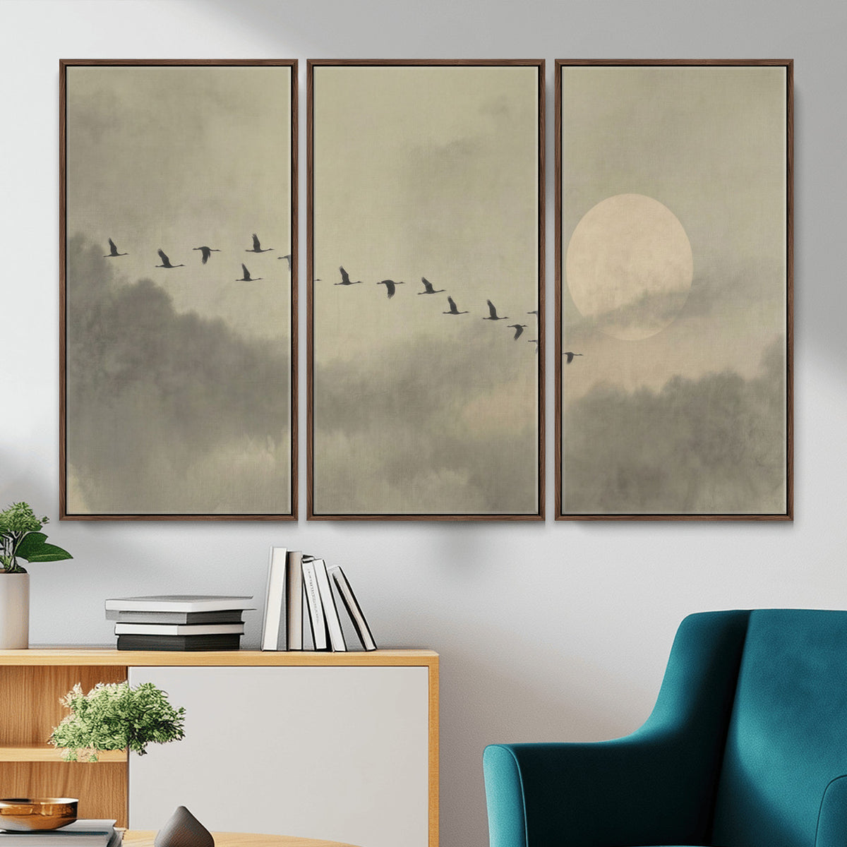 1209814B-MGV-CV-36X24 - Flying Cranes Canvas Wall Art, Misty Landscape with Moon, Sage Green Japandi Decor, Framed Print
