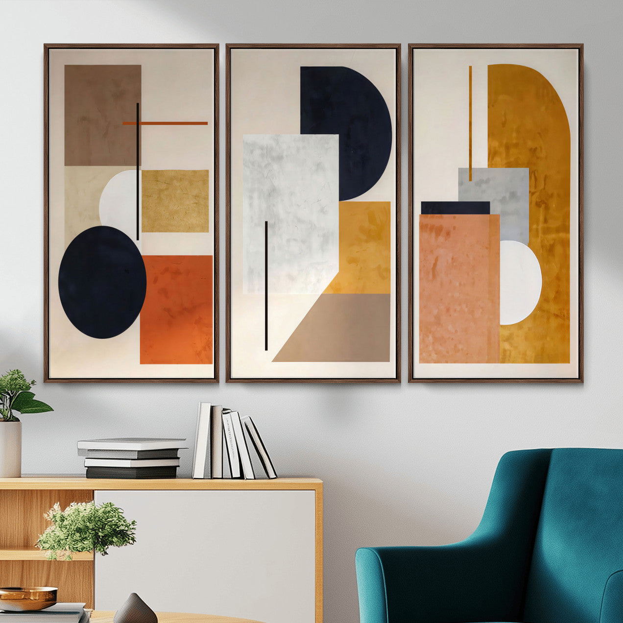 87361249-MGV-CV-48X32-3P - Mid Century Modern Geometric Canvas Wall Art, Abstract Triptych Print