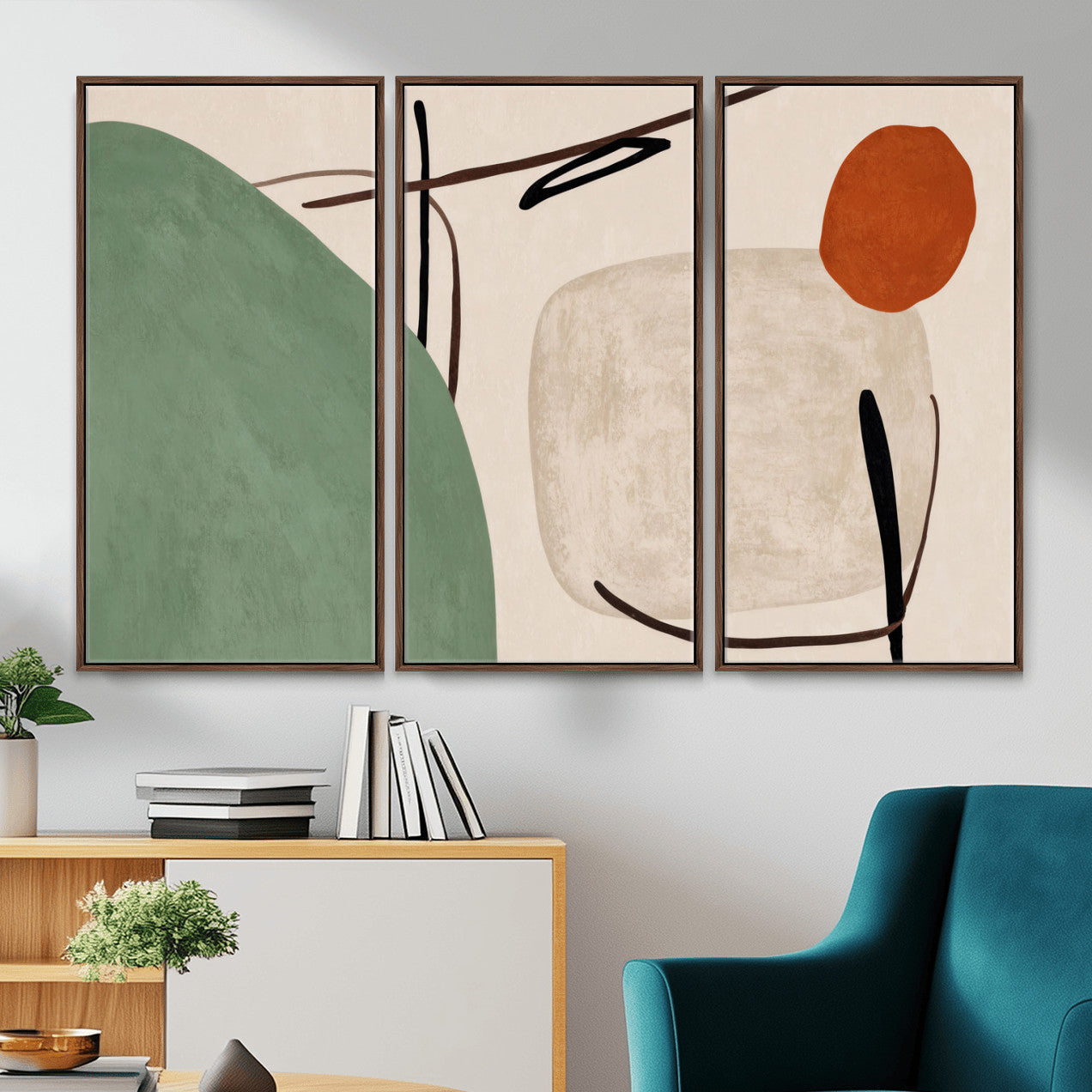 46798824-MGV-CV-48X32-3P - Mid Century Modern Geometric Canvas Wall Art, Abstract Triptych Print