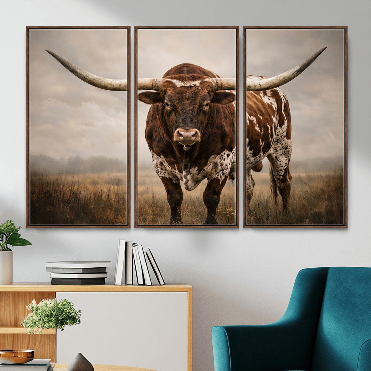 25239047A-MGV-CV-36X24 - Texas Longhorn Canvas Wall Art Western Bull Desert Moody Grey Overcast Rustic Farmhouse Framed Large for Living Room Bedroom Office Decor