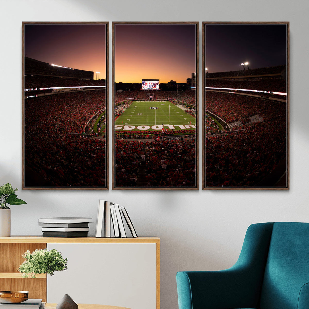 97720998-_Poster-30x20 - Georgia Bulldogs Stadium Sunset Canvas Print 3 Piece Framed Wall Art Extra Large Floating Frame Sports Poster Made in USA