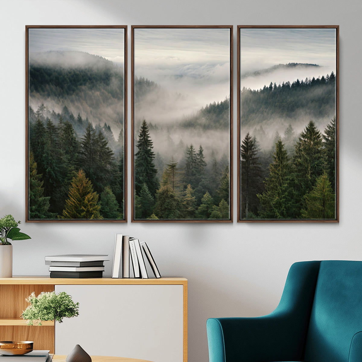 38409495-_Poster-30x20 - Misty Pine Valley Mountain Canvas Print 3 Piece Framed Wall Art Extra Large Floating Frame Nature Poster Made in USA