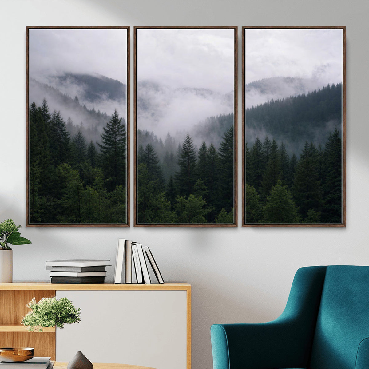 25432119-_Poster-30x20 - Misty Mountain Pine Forest Canvas Print 3 Piece Framed Wall Art Extra Large Floating Frame Nature Poster Made in USA