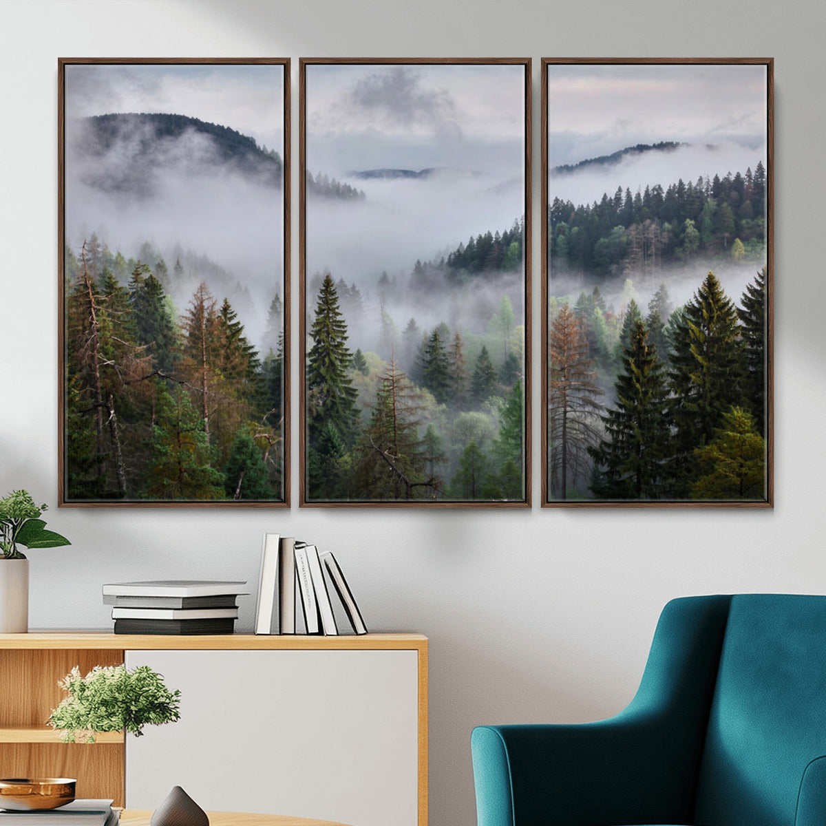 18735847-_Poster-30x20 - Foggy Pine Forest Mountain Canvas Print 3 Piece Framed Wall Art Extra Large Floating Frame Nature Poster Made in USA