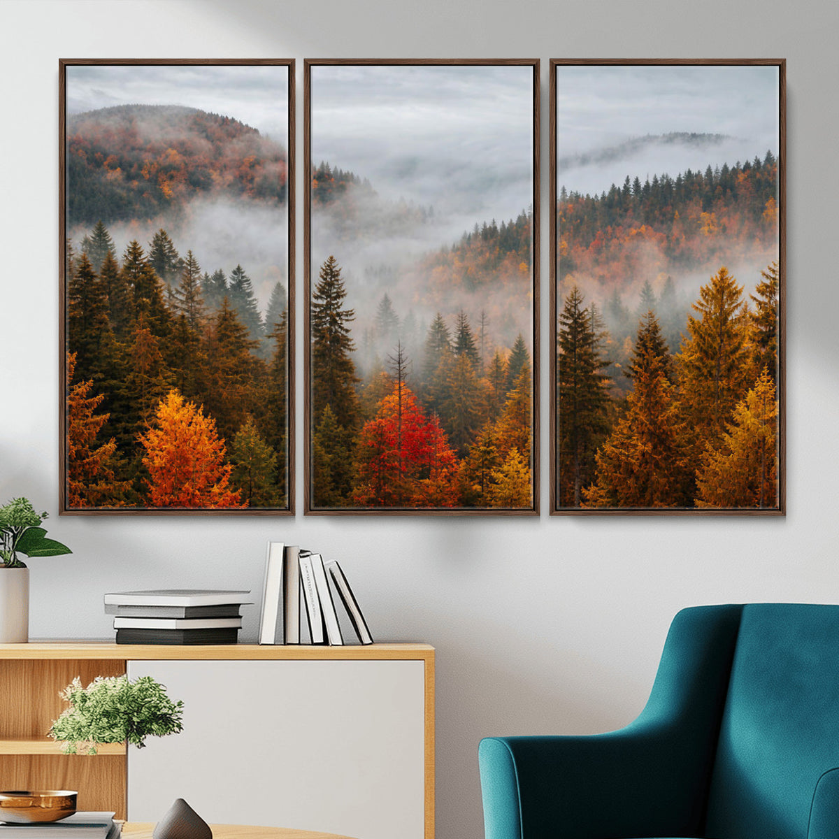87481341-_Poster-30x20 - Foggy Autumn Mountain Canvas Print Smoky Pine Forest Wall Art Panoramic Nature Poster 3 Piece Made in USA