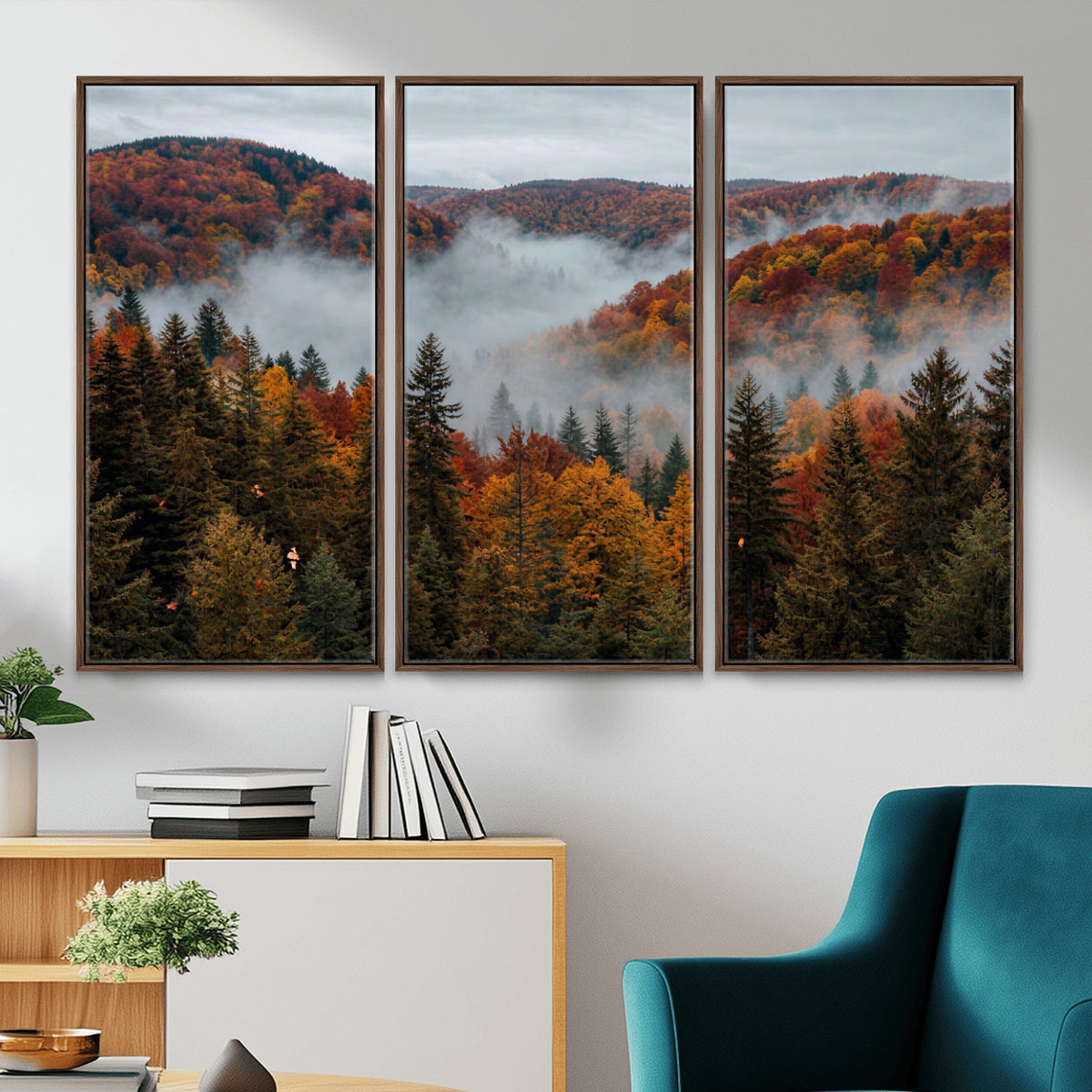 26686263-_Poster-30x20 - Misty Autumn Forest Mountain Canvas Print 3 Panel Wall Art Gallery Wrapped Floating Frame Poster Made in USA