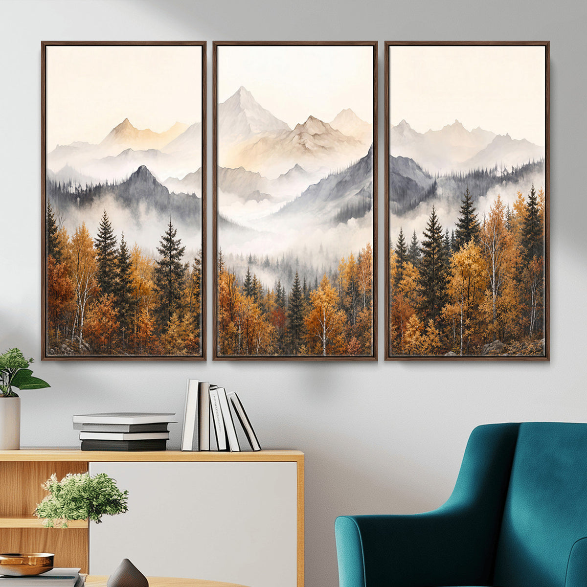 19544118-MGV-TP-30X20 - Misty Mountain Autumn Forest Canvas Wall Art - Watercolor Fall Nature Landscape Print