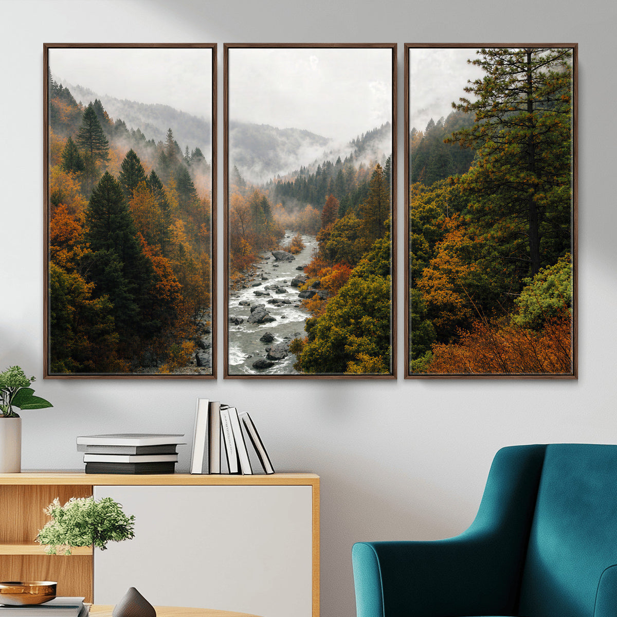 95540697-MGV-TP-30X20 - Misty River Mountain Valley Canvas Wall Art - Autumn Forest Landscape Nature Print