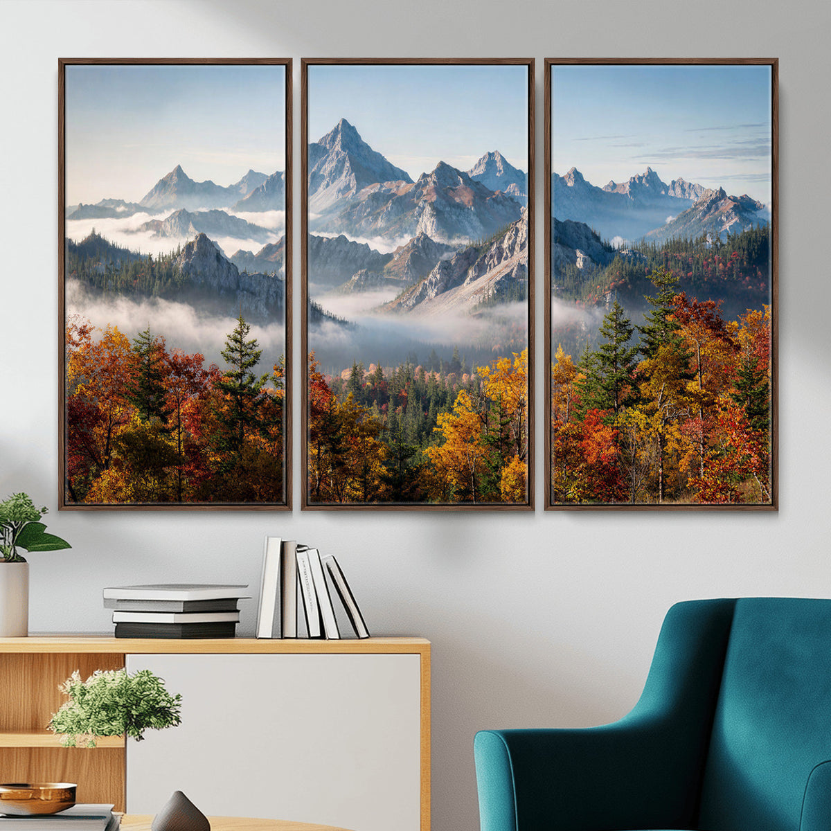 38847944-MGV-TP-30X20 - Majestic Mountain Peak Canvas Wall Art - Panoramic Autumn Forest Fog Landscape Print