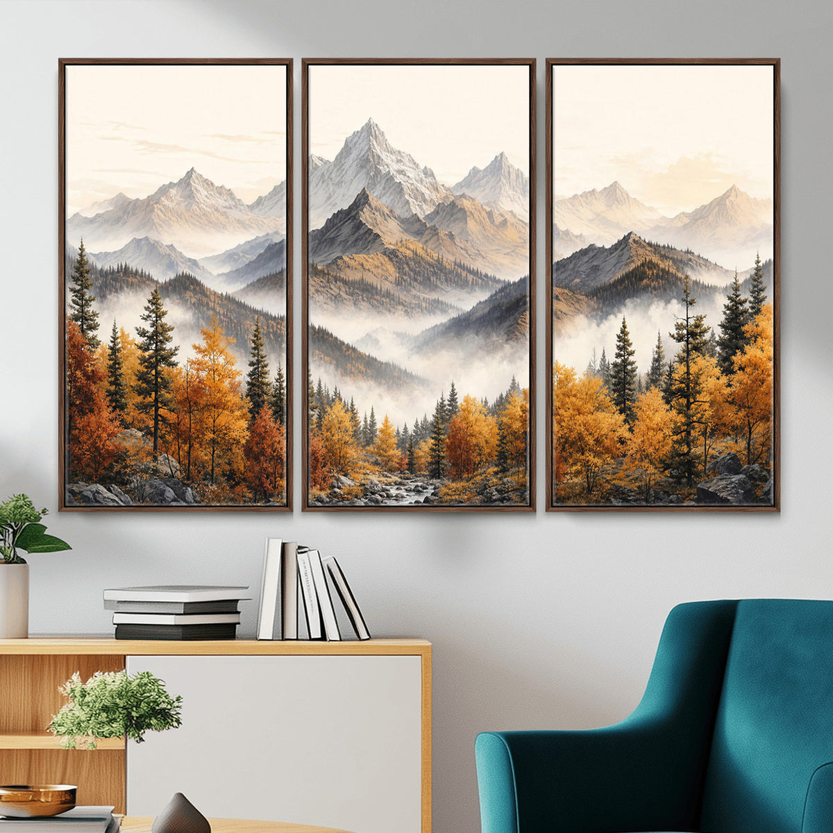 21309099-MGV-TP-30X20 - Extra Large Misty Mountain Autumn Forest Canvas Wall Art - Watercolor Fall Nature Landscape Print