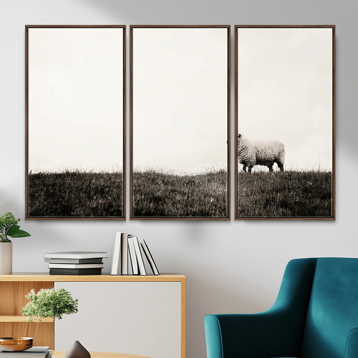 72749448-MGV-TP-30X20 - Minimalist Sepia Sheep Canvas Wall Art - Rustic Farmhouse Country Landscape Print