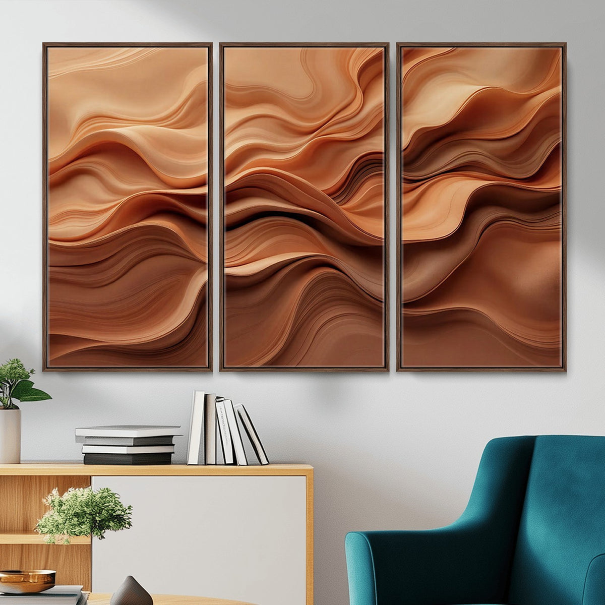 82230697-_Poster-30x20 - Modern Abstract Fluid Waves Canvas Wall Art - Minimalist Warm Terracotta Beige Sand Print
