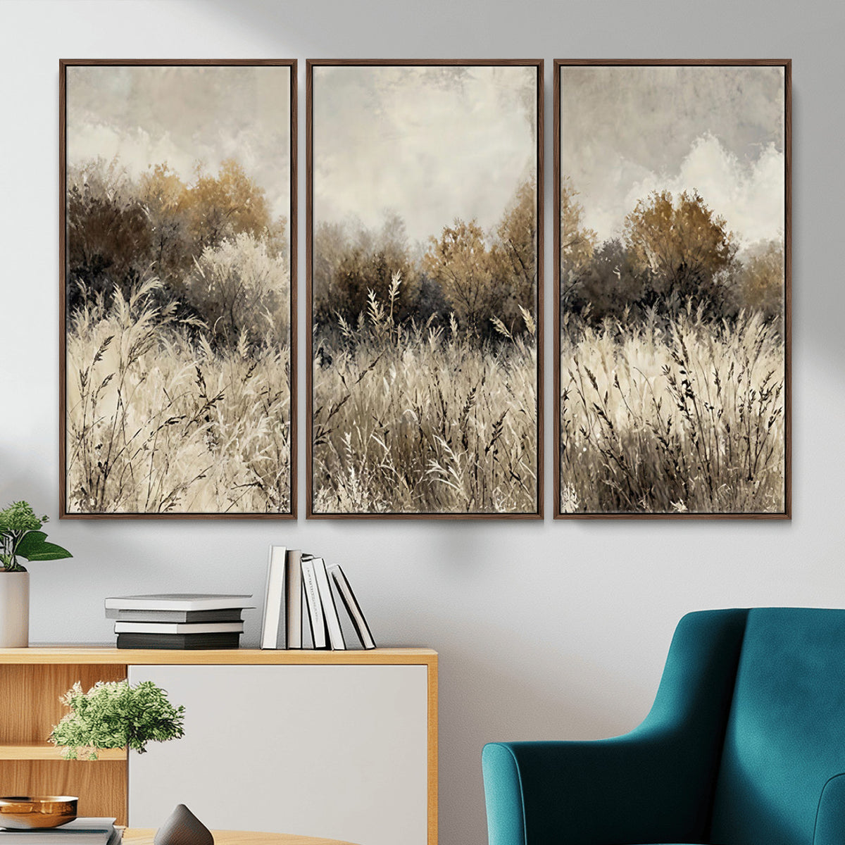 53959945-MGV-TP-30X20 - Muted Neutral Forest Landscape Canvas Wall Art - Vintage Rustic Wildflower Meadow Print