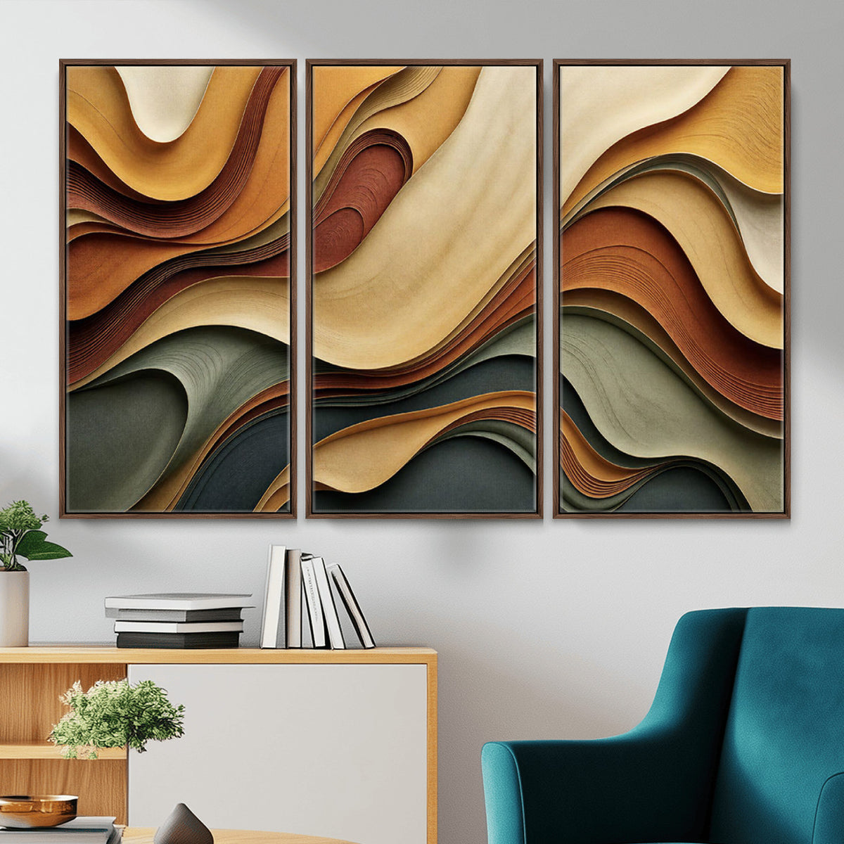 19337902-MGV-CV-36X24 - Modern Abstract Waves Canvas Wall Art - Minimalist Earthy Tone Living Room Decor