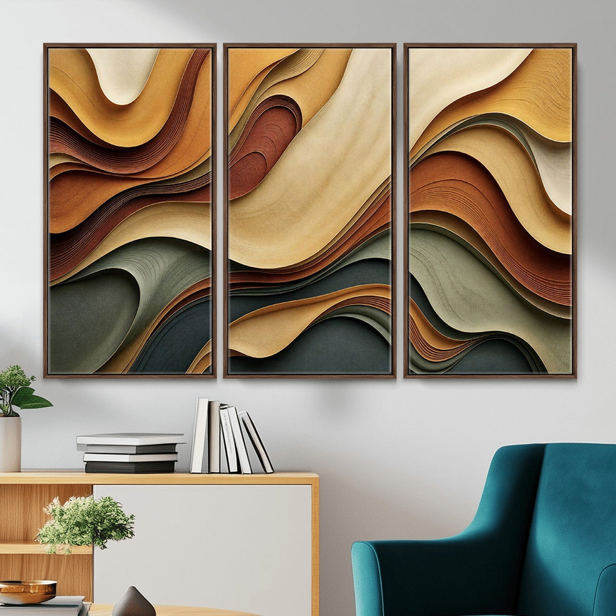 19337902-_Poster-30x20 - Modern Abstract Waves Canvas Wall Art - Minimalist Earthy Tone Living Room Decor
