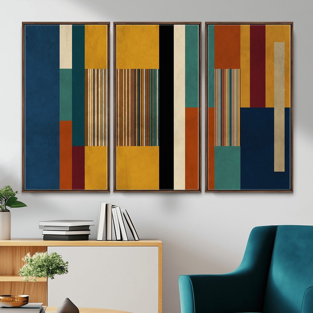 53992657-MGV-CV-48X32-3P - Mid Century Abstract Color Block Canvas Wall Art, Geometric Striped Canvas Print