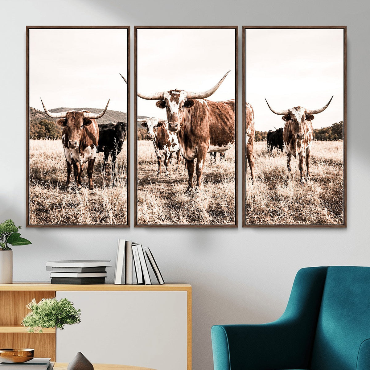 25234808-MGV-CV-48X32-3P - Texas Longhorn Cattle Canvas Wall Art, Western Ranch Home Decor