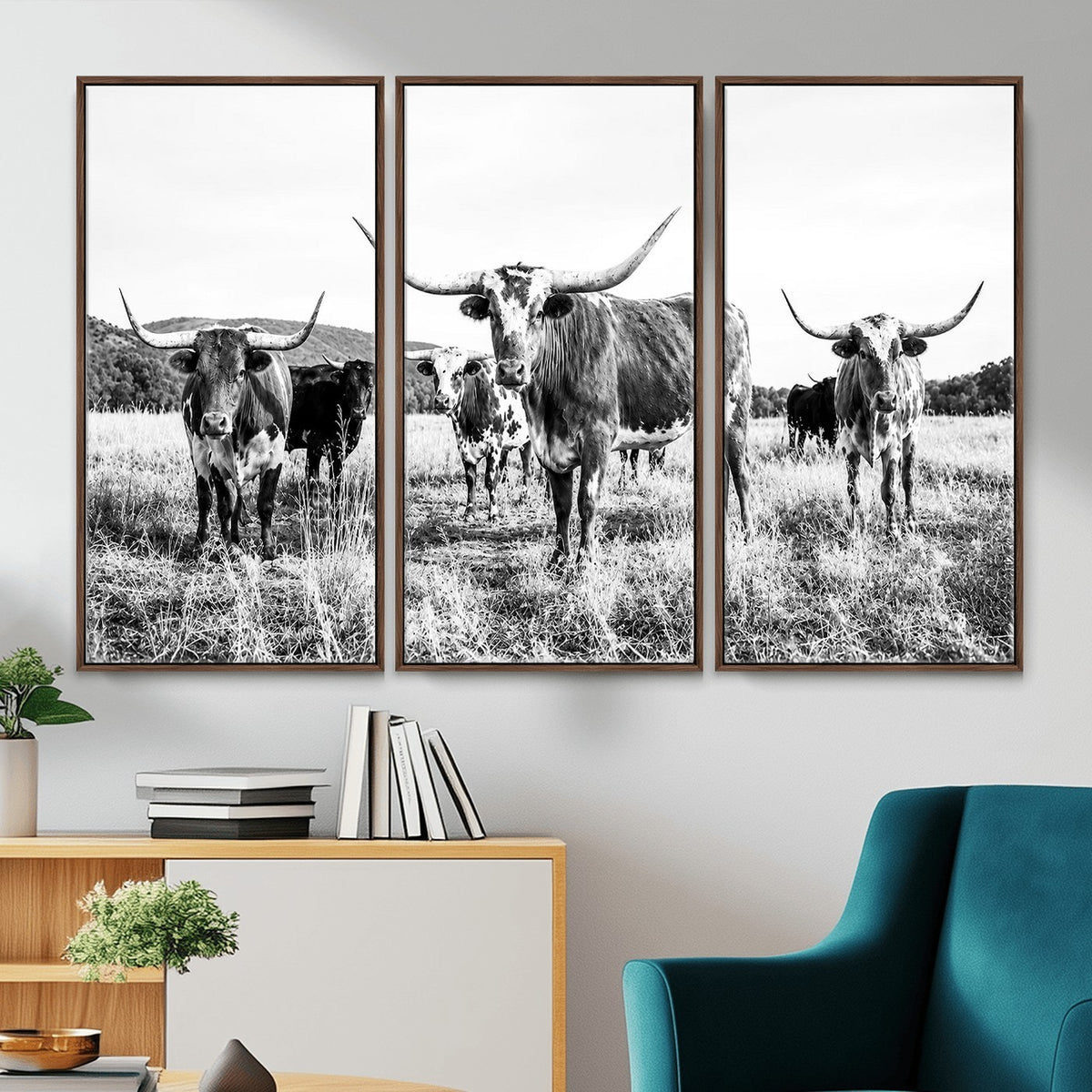 73228277-MGV-CV-48X32-3P - Black and White Longhorn Cattle Canvas Print, Western Ranch Wall Decor