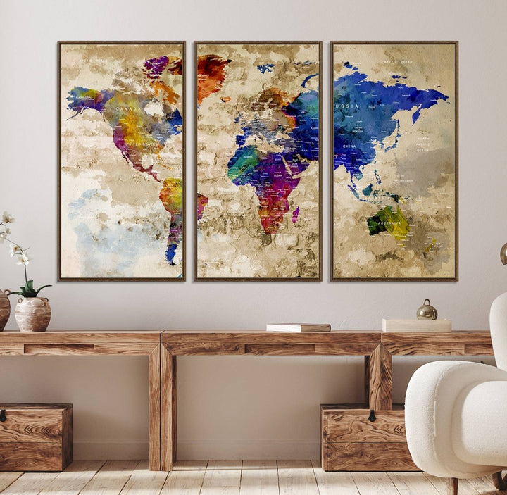 Watercolor World Map Canvas Print with gallery-wrapped edges.