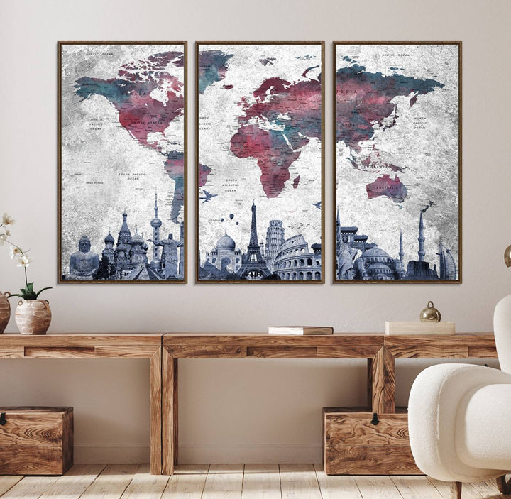 The dining room features a Blue Multipanel World Map Wall Art Canvas Print that adorns the wall, highlighting its neutral decor.