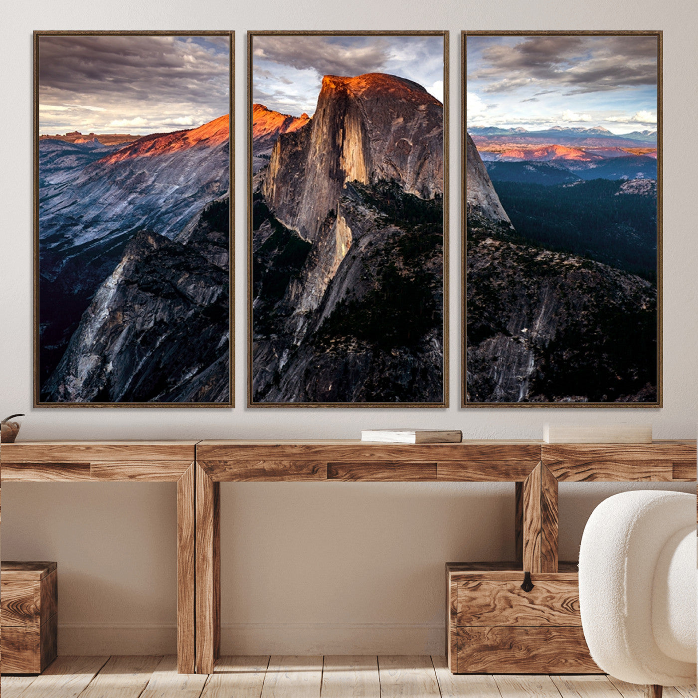 20714-MGV-FC-60X40-3P_Walnut-Half Dome Wall Art Print - Yosemite Majestic Triptych Landscape Print – National Park Nature Decor for Living Room or Office – Ready to Hang