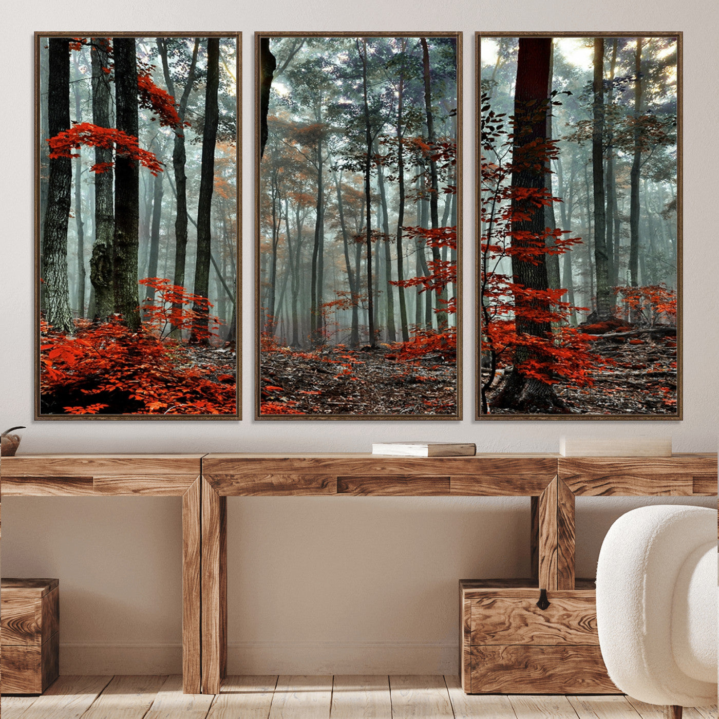 59209-MGV-CV-36X24-Autumn Forest Canvas Wall Art – Enchanting Red Leaves Triptych Print – Nature-Inspired Decor for Living Room or Office – Ready to Hang