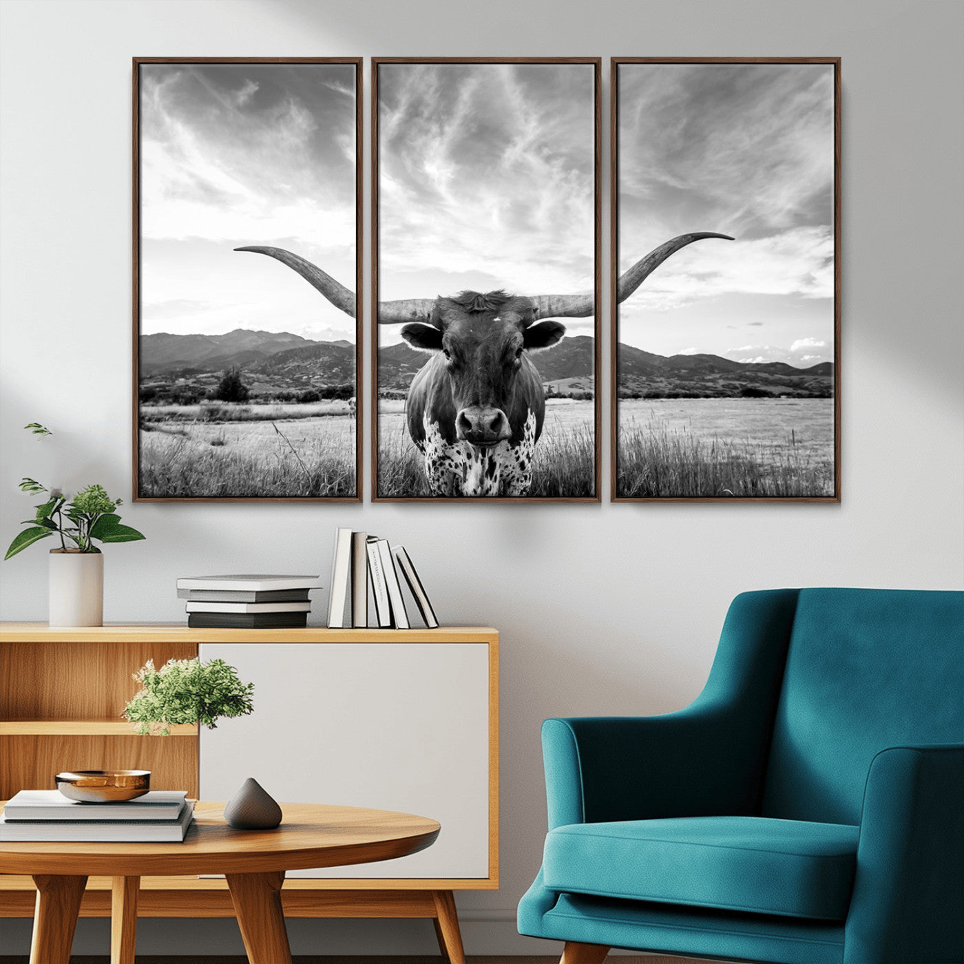 MGV-FC-48X32-3P - Longhorn Cow Wall Art Canvas Print Farmhouse Wall Art - Texas Longhorn Wall Art Print