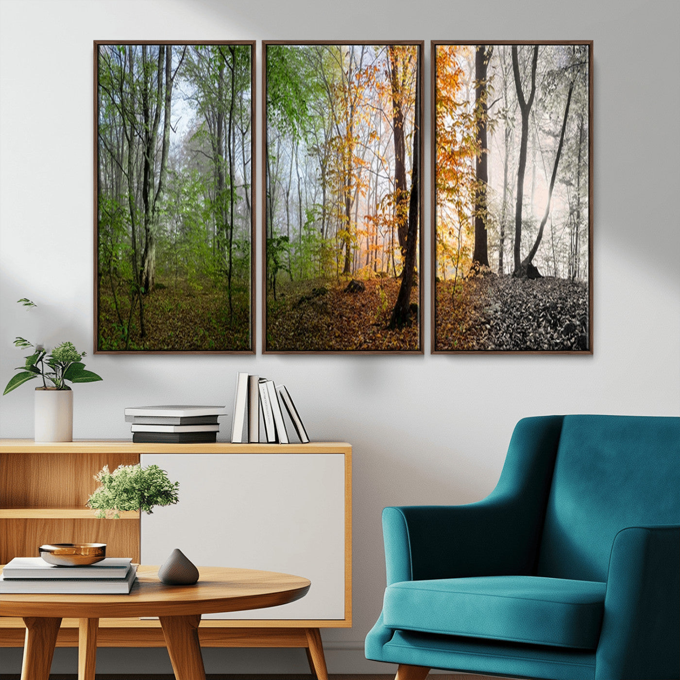 MGV-FC-48X32-3P - Four Seasons Wall Art Forest Canvas Print – Triptych Seasonal Nature Print – Landscape Decor for