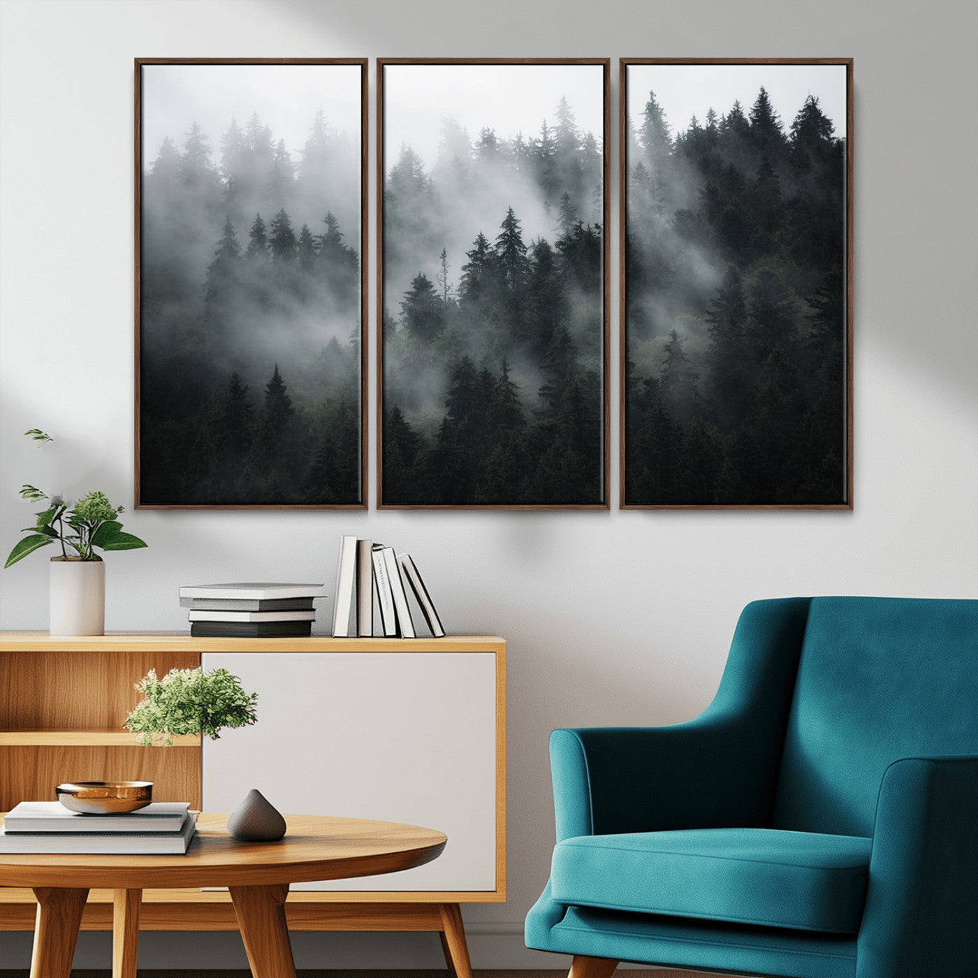 MGV-FC-48X32-3P - Foggy Forest Wall Art Canvas Print | 3 Panel Large Misty Landscape for Dining Room, Office, or