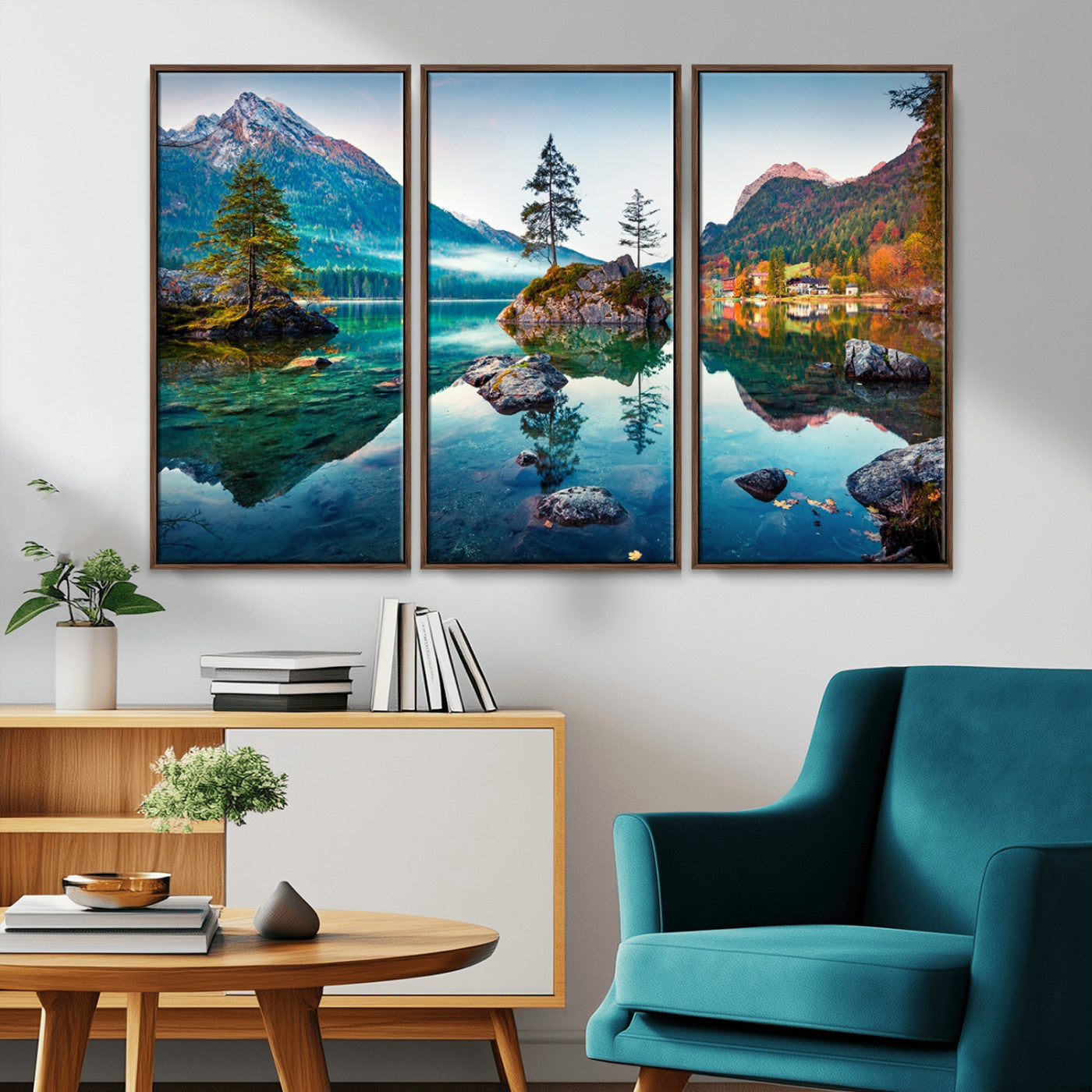 -Crystal Clear Lake Wall Art | Mountains Wall Art Canvas | 3 Panel Large Landscape Print for Dining