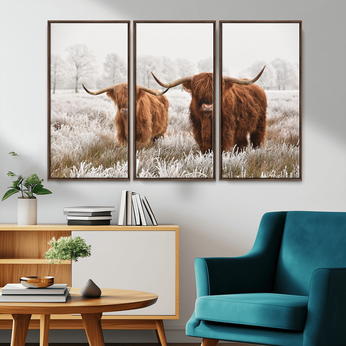 MGV-FC-48X32-3P - Longhorn Cattle Wall Art Canvas Print, Framed Farmhouse Style Art Picture Print, Rustic Cow Perfect Rustic Farmhouse Decor Artwork