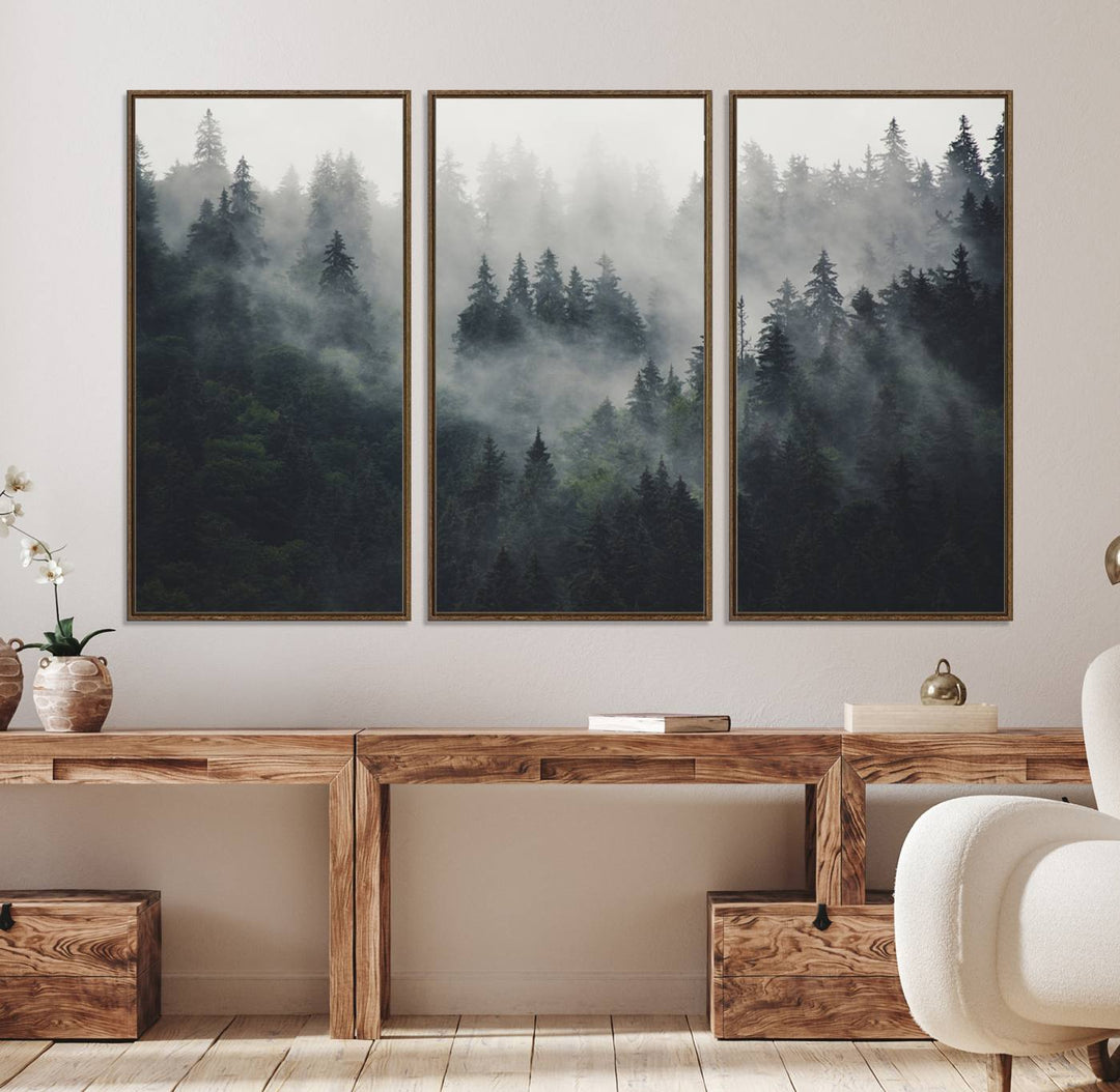 The Serene Triptych Print features tall evergreens, creating a mysterious and calming atmosphere.