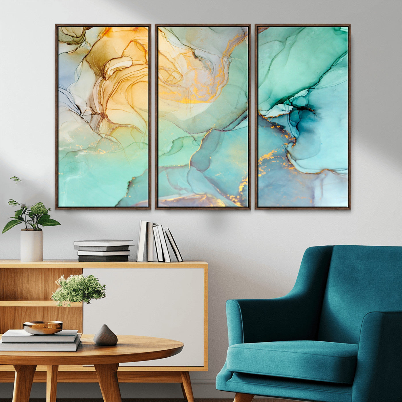MGV-FC-48X32-3P - Abstract Aqua and Gold Fluid Wall Art Canvas | 3 Panel Large Canvas Print for Living Room, Office,