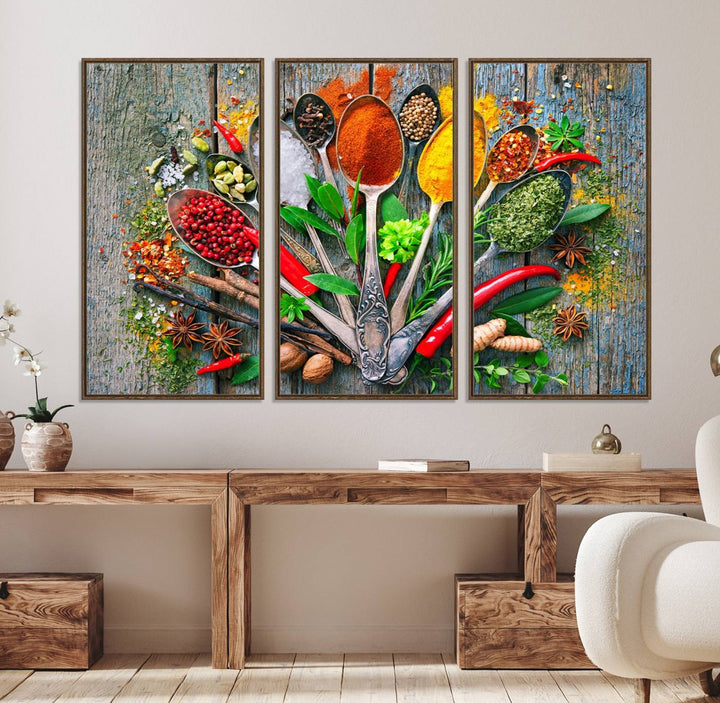 Vibrant Spoonful of Spices kitchen wall art canvas, a culinary triptych ideal for any dining room decor.