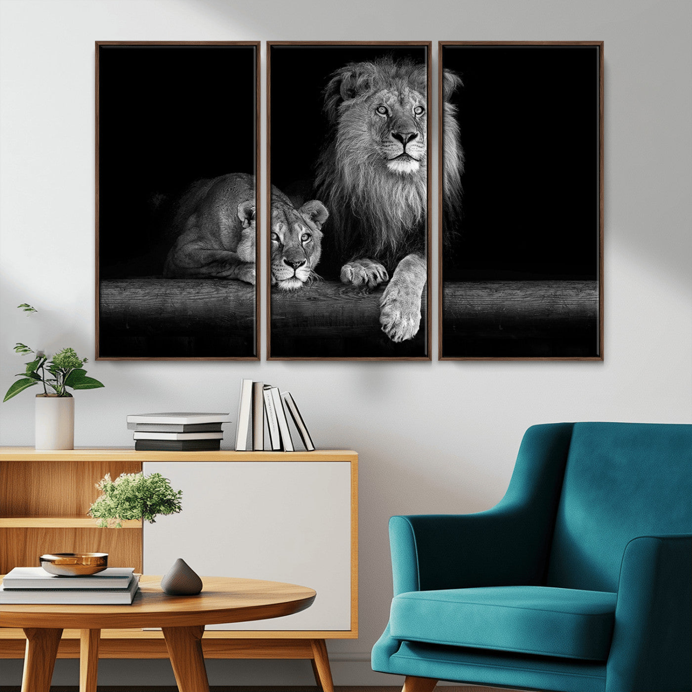 MGV-FC-48X32-3P - Large Black and White Lion Couple Wall Art Canvas Print