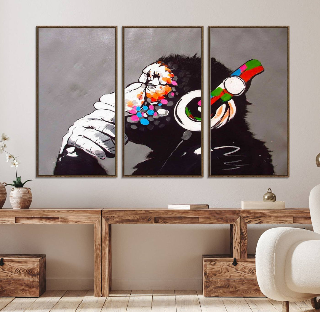 Living room showcasing DJ Monkey wall art.