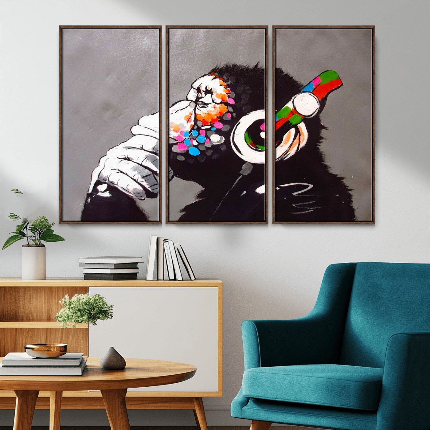 MGV-FC-48X32-3P - Dj Monkey Listening to Music Wall Art Print | Banksy Monkey Large Canvas Print for Living Room,