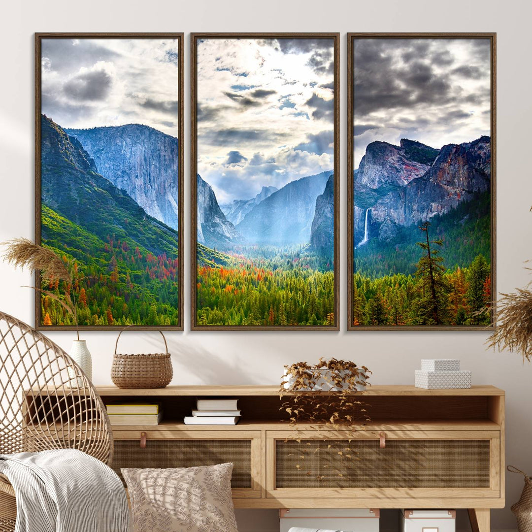 The Yosemite Park Half Dome 3 Panel Canvas Print beautifully captures the enchanting beauty of national parks with its vibrant mountain and forest scene. This large giclée landscape wall art is perfect for living rooms, offices, or bedrooms and comes ready to hang.