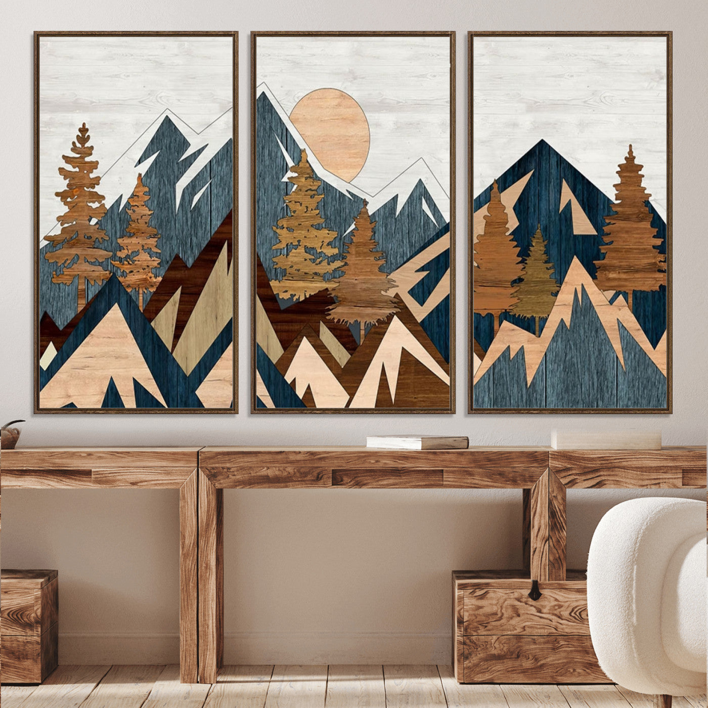 91467-MGV-CV-36X24-Abstract Wood Panel Effect Mountain Range Top Wall Art Canvas Print